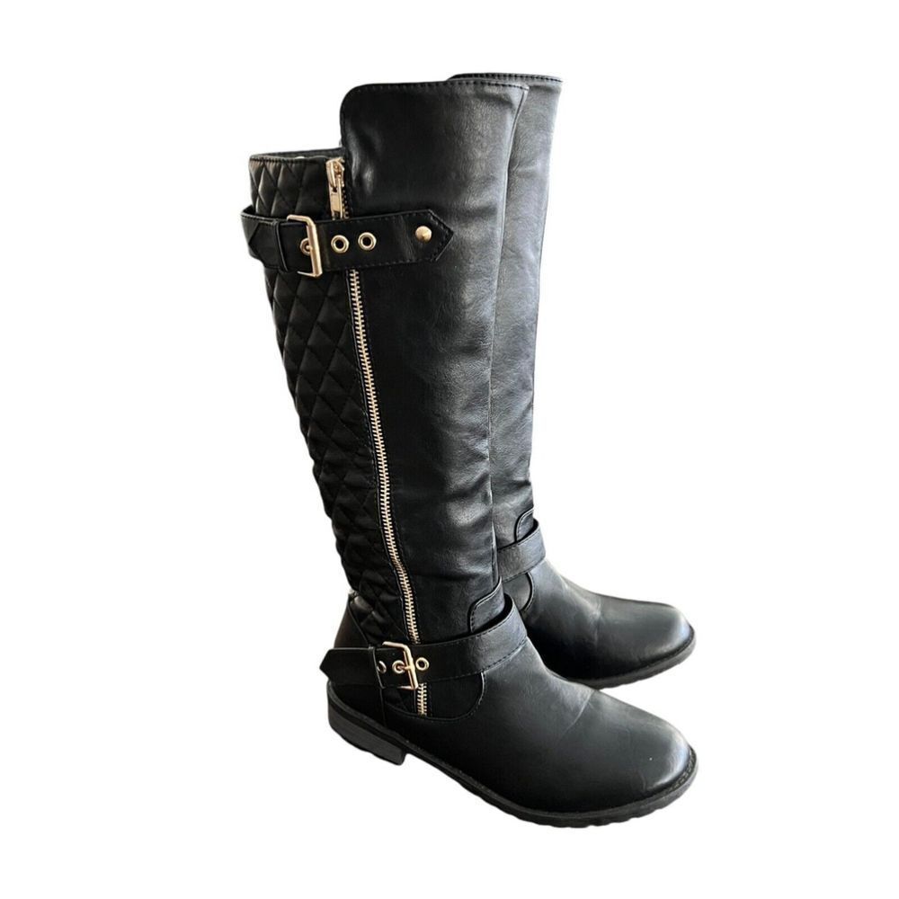 Cambridge Select Women's Riding Boots Black Block Heels Mid Calf Buckle Zip 7.5